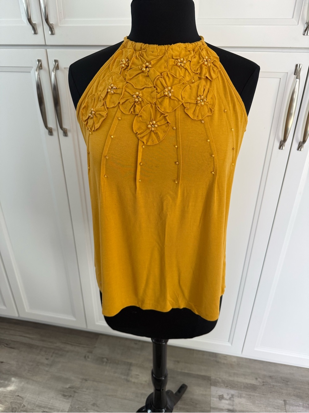 Embellished Halter Neck Tank Top - Mustard